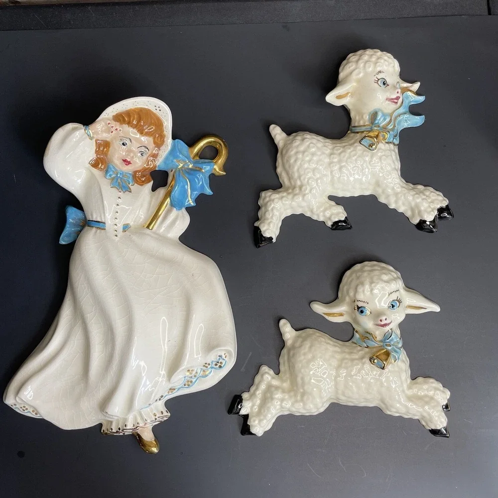 Vtg Nursery Rhyme Little Bo Peep With Her Sheep Ceramic Wall Plaque Hand Painted